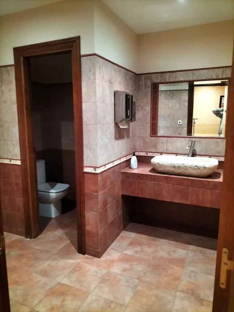 Baño con lavabo de piedra y paredes de azulejo